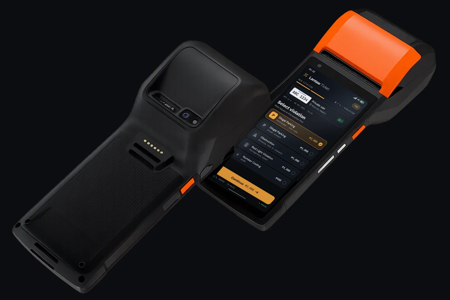 Concept render of the handheld terminal, front and back, its screen showing the Lantaw Ticket violation picker