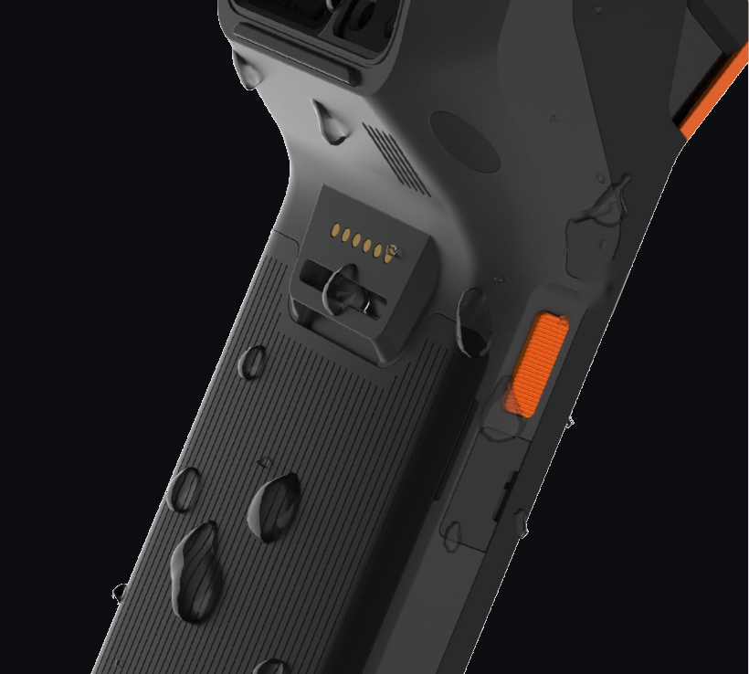 Close-up of the device's sealed, weatherproof edges with water droplets
