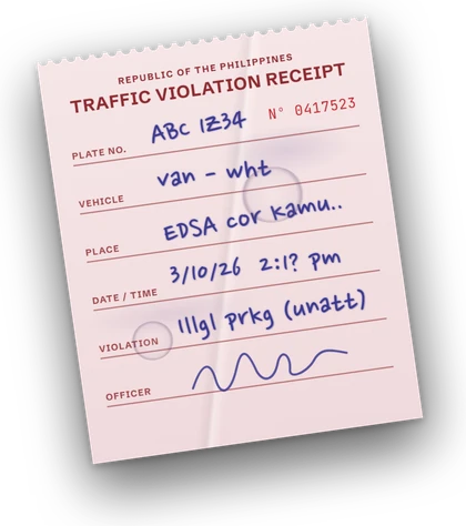 Close-up of the result: a handwritten slip, hard to read, the plate misread and the ink smudged by rain