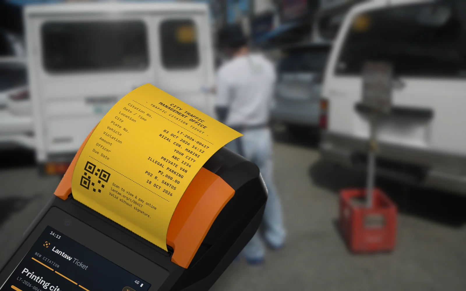 The handheld printing a yellow citation on the street, with parked vans behind